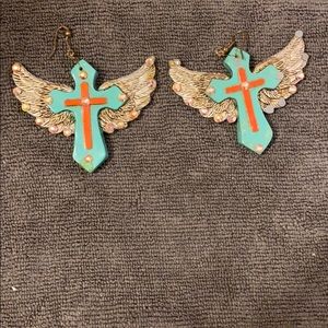 Winged cross earrings